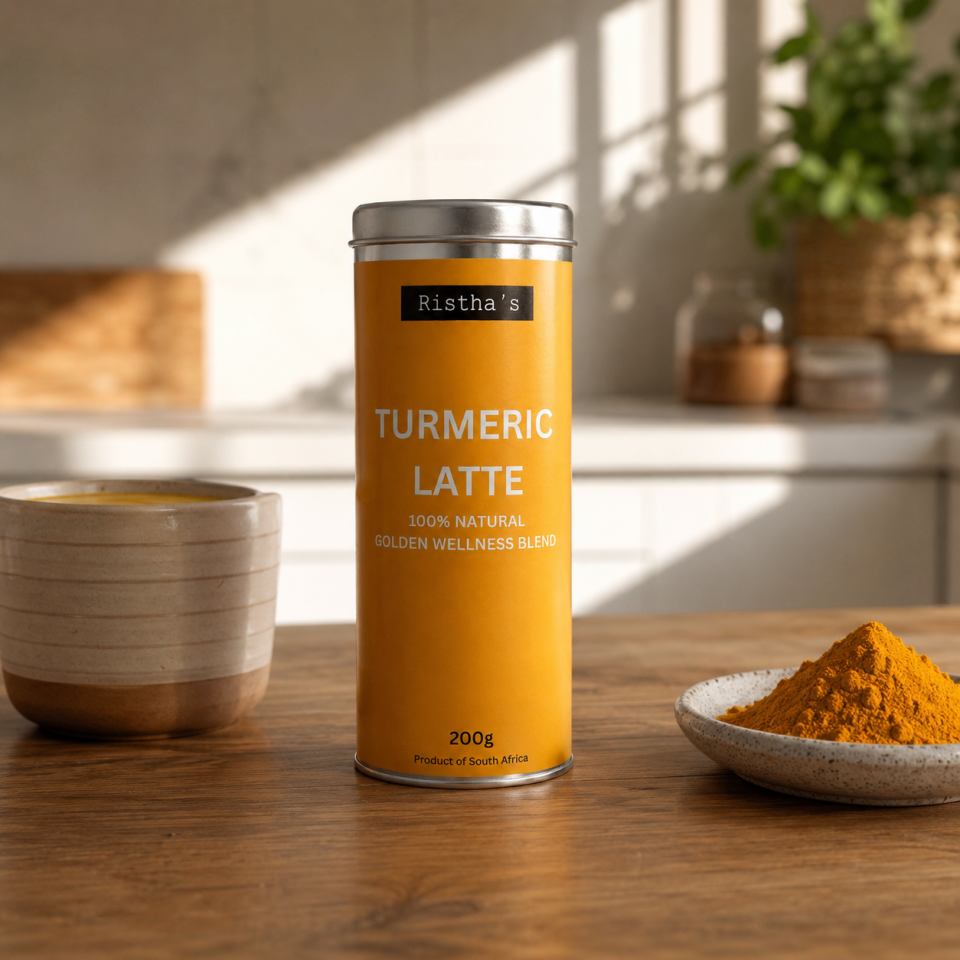 Ristha's Golden Turmeric Latte tin packaging - handcrafted wellness latte