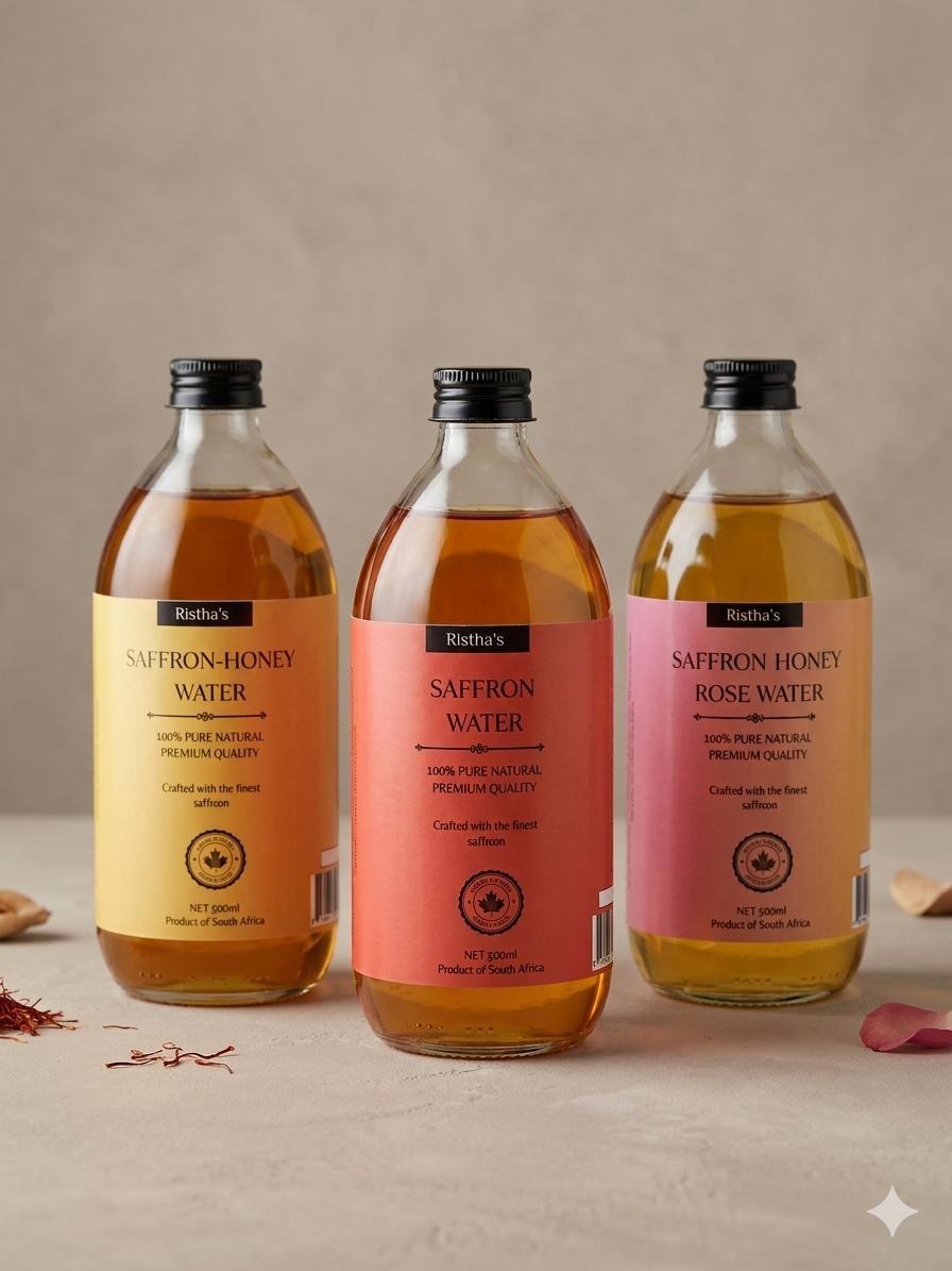 Ristha's Saffron Infused Waters - premium saffron wellness drink in glass bottle